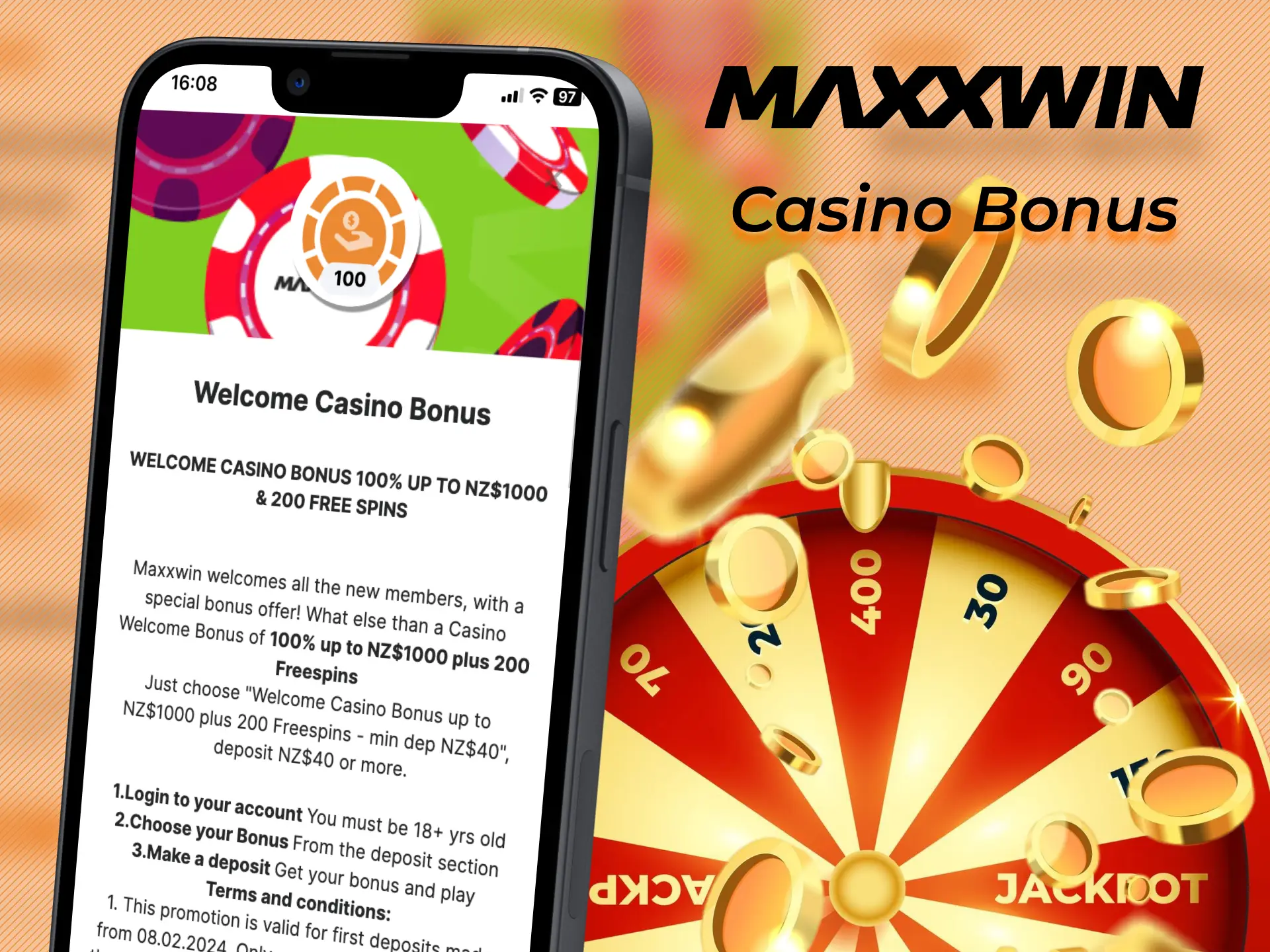 Activate the Maxxwin welcome bonus for casino games.